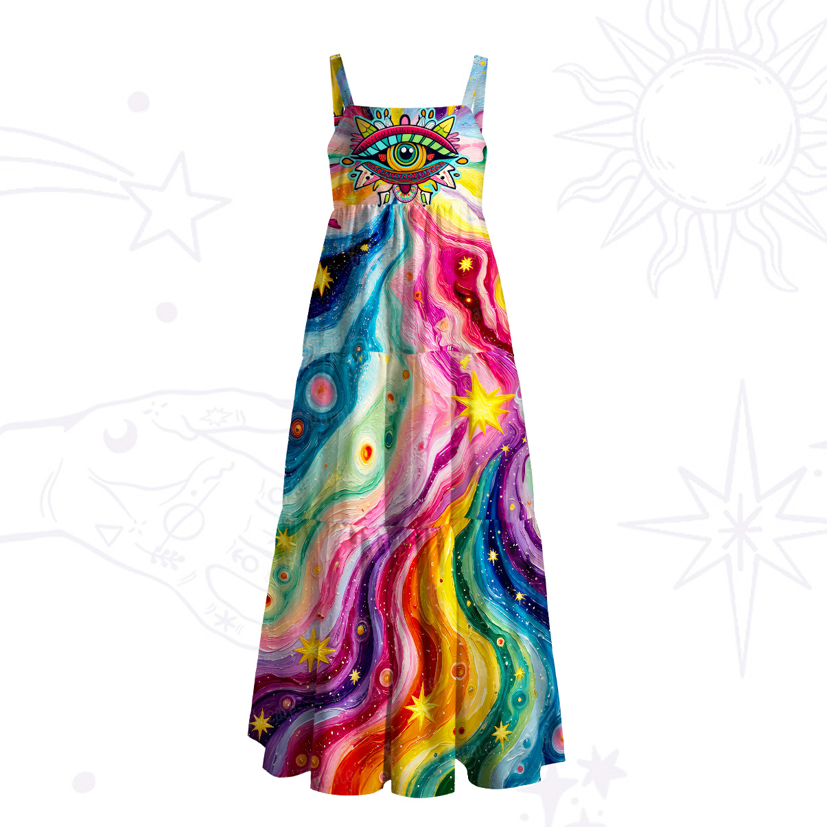 Purplehecate Rainbow Cosmic Waves Wide Straps Maxi Dress