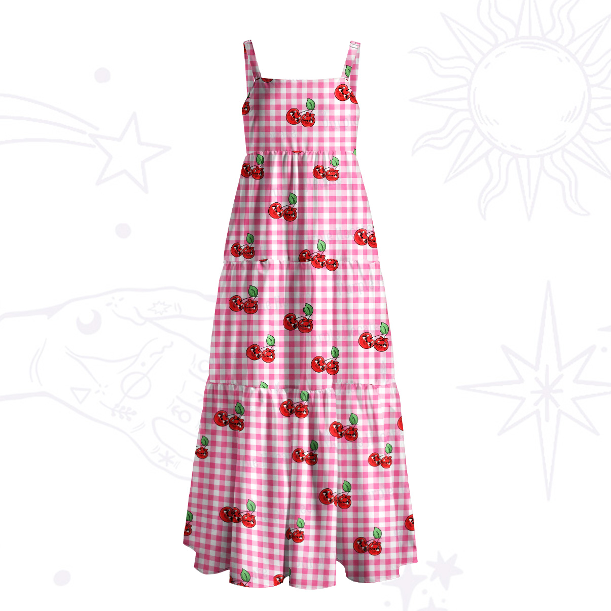 Purplehecate Pink Gingham Cherry Wide Straps Maxi Dress