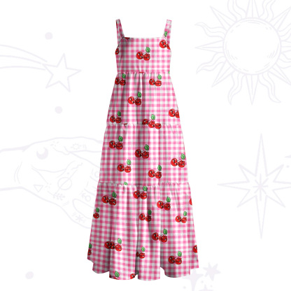 Purplehecate Pink Gingham Cherry Wide Straps Maxi Dress