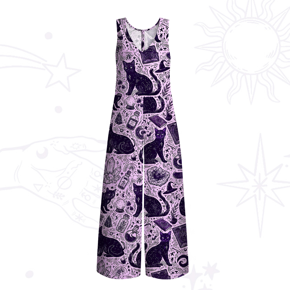 Purplehecate Midnight Black Cat Witch Potion Wide Leg Jumpsuit