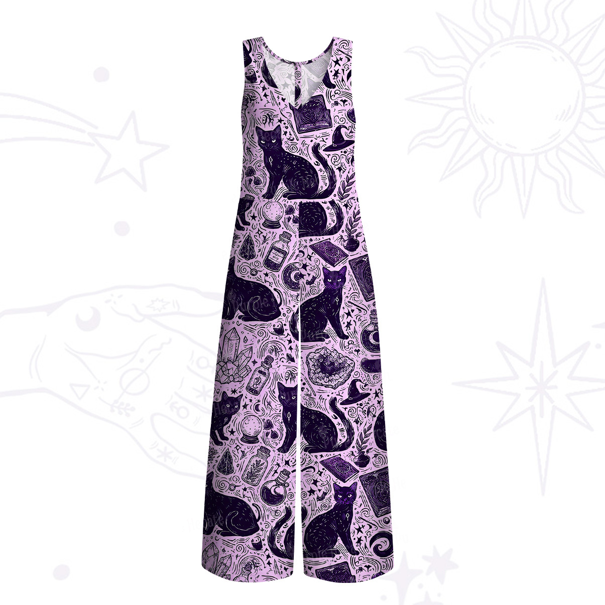 Purplehecate Midnight Black Cat Witch Potion Wide Leg Jumpsuit