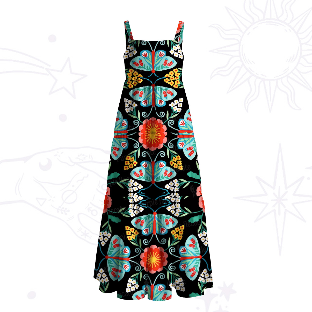 Purplehecate Midnight Butterfly Garden Wide Straps Maxi Dress