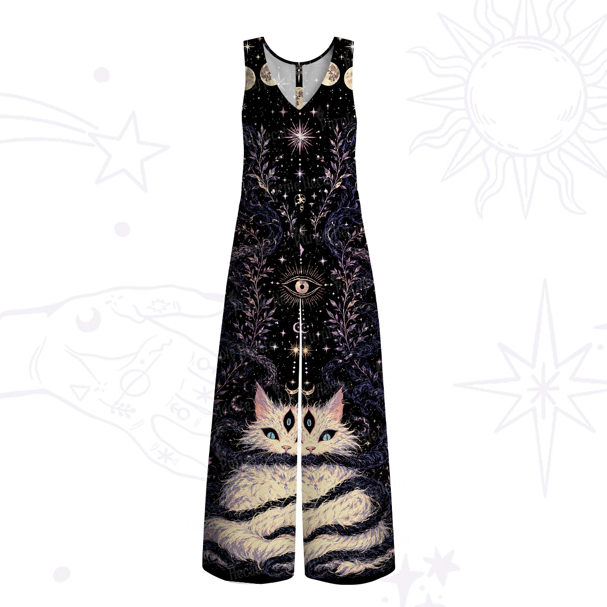 Purplehecate Moon Phase Oracle Cat Wide Leg Jumpsuit