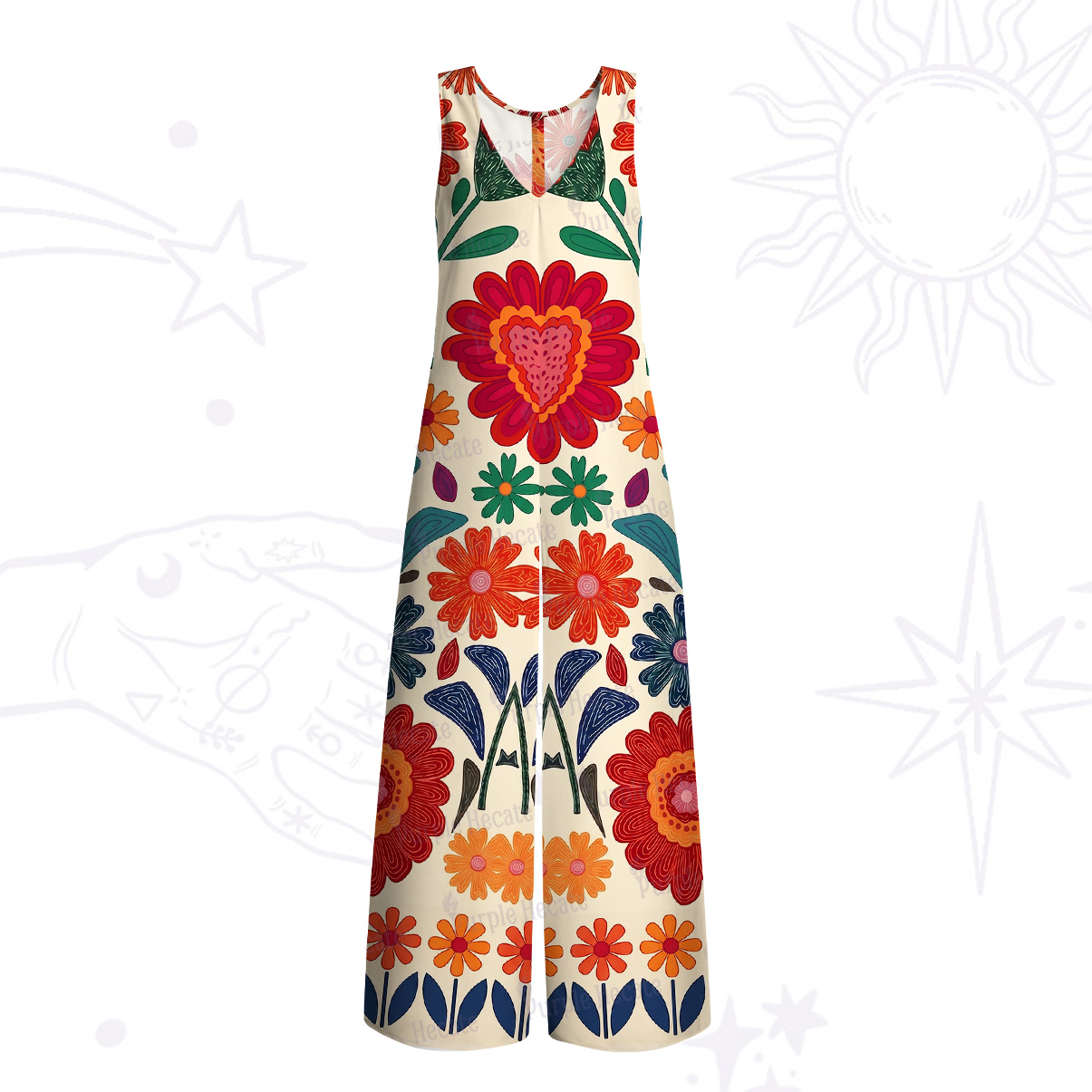 Purplehecate Retro Bloom Folk Floral Wide Leg Jumpsuit
