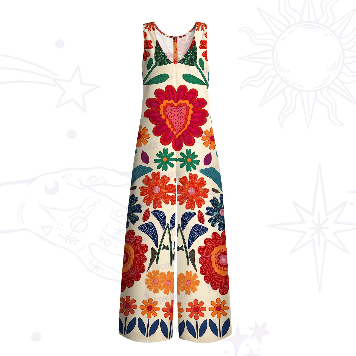 Purplehecate Retro Bloom Folk Floral Wide Leg Jumpsuit