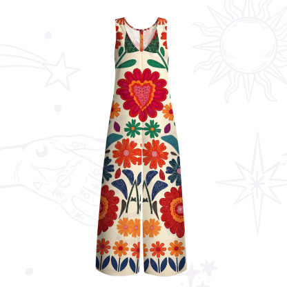 Purplehecate Retro Bloom Folk Floral Wide Leg Jumpsuit