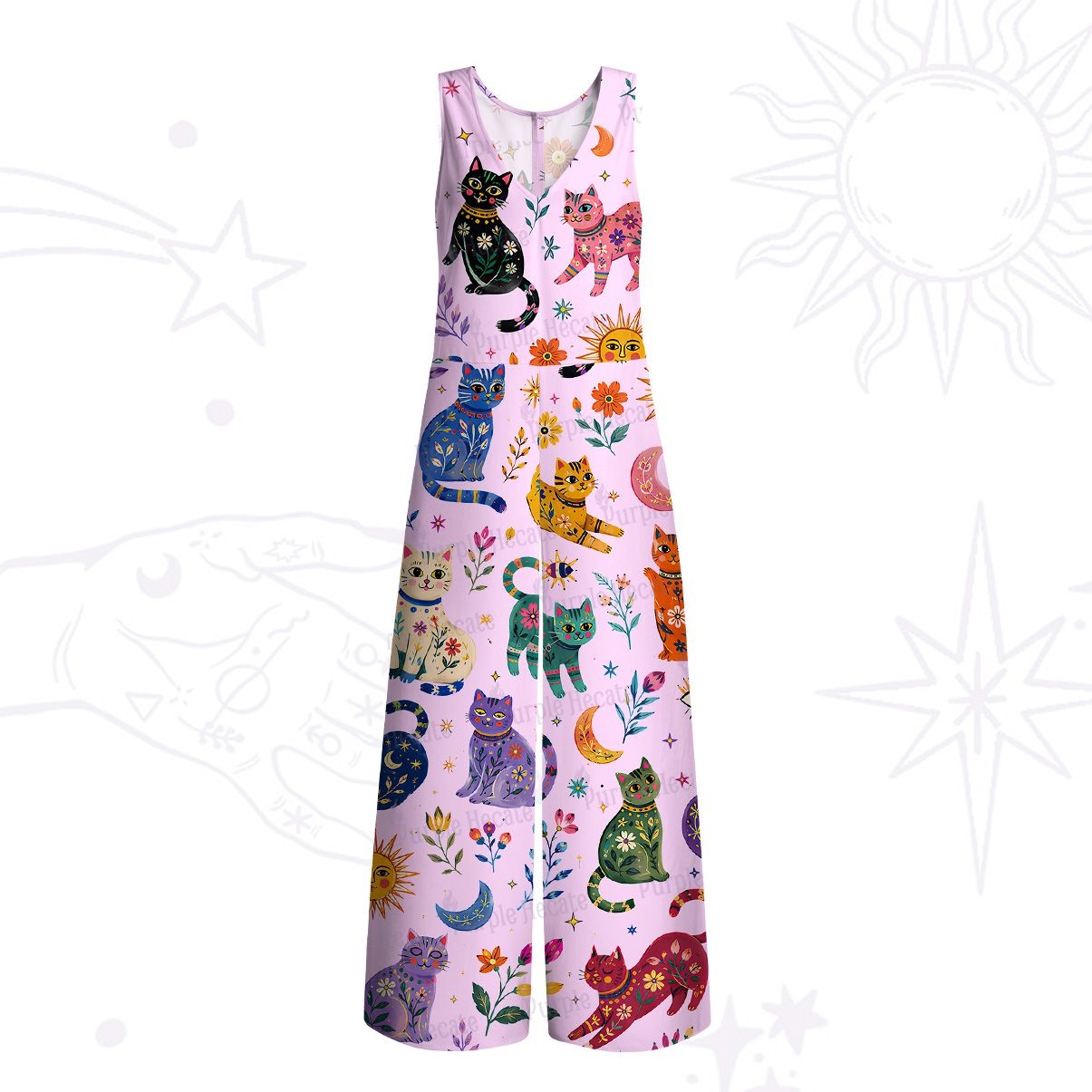 Purplehecate Rainbow Magic Cats Wide Leg Jumpsuit