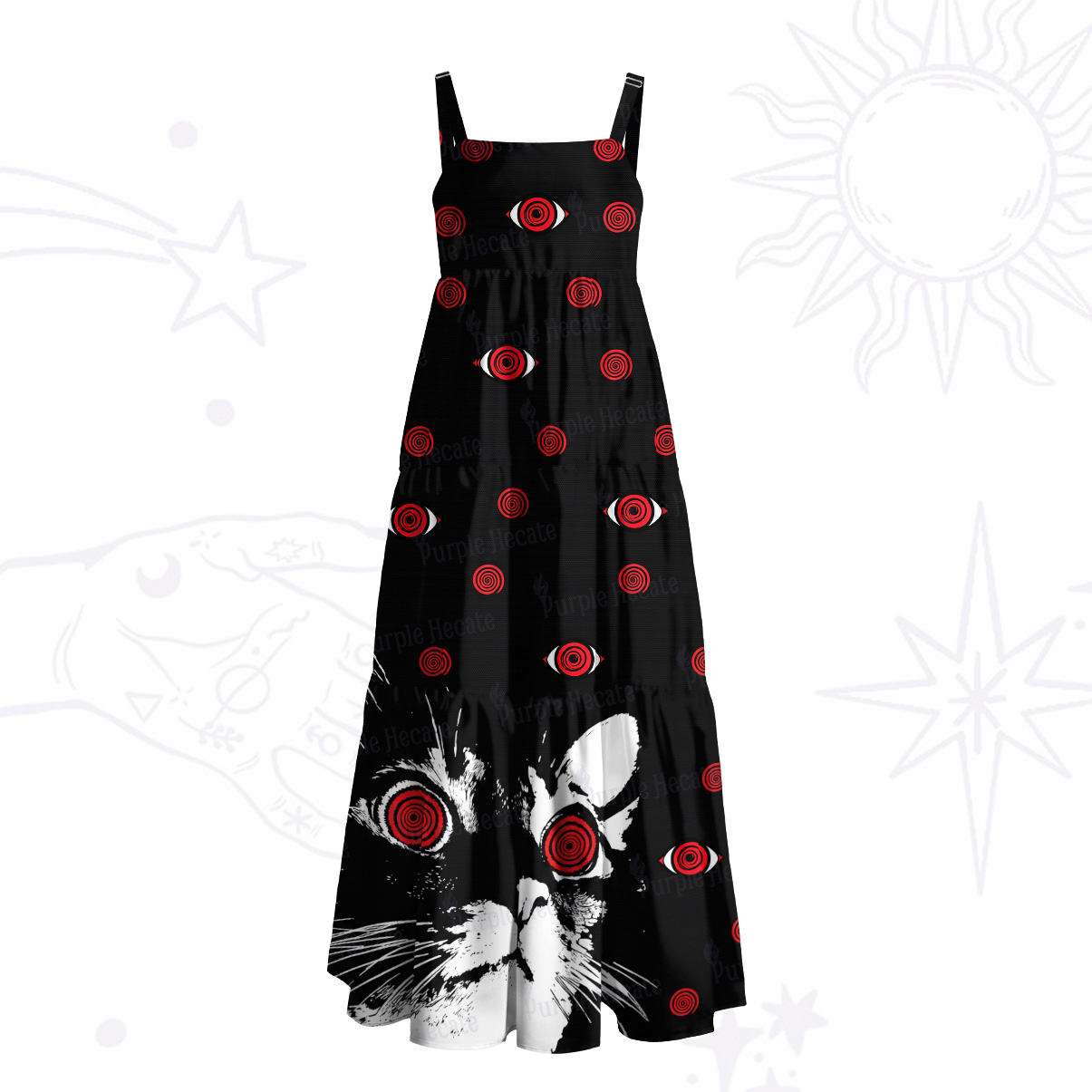 Purplehecate Hypnotic Red Eyes Cat Wide Straps Maxi Dress