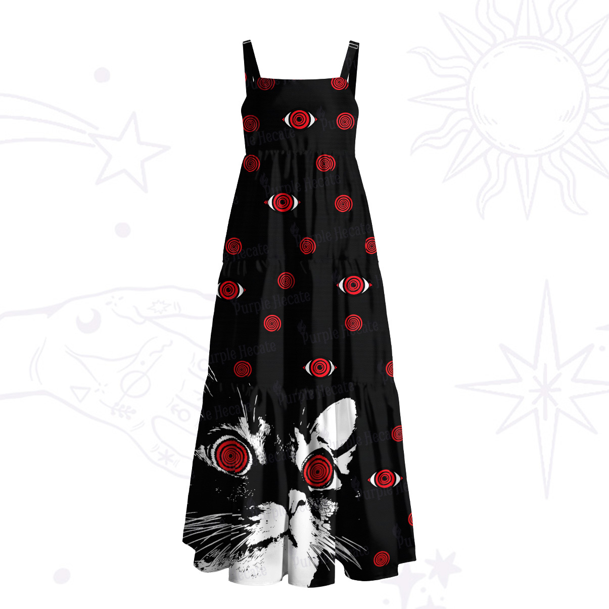 Purplehecate Hypnotic Red Eyes Cat Wide Straps Maxi Dress