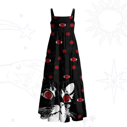 Purplehecate Hypnotic Red Eyes Cat Wide Straps Maxi Dress