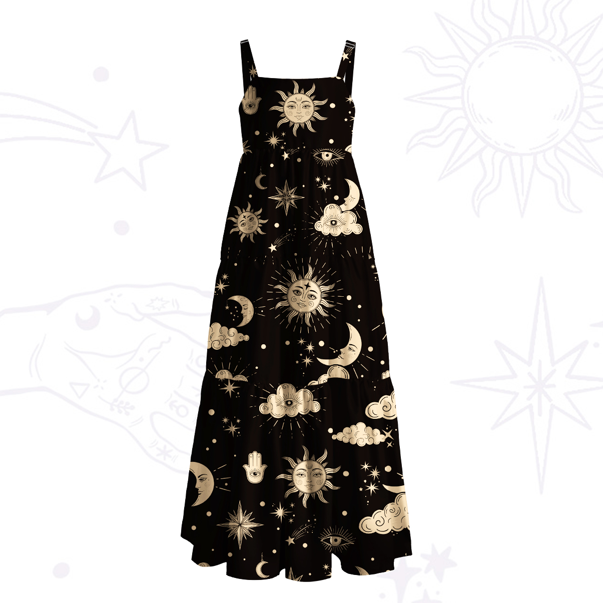 Purplehecate Sun Moon Stars Oracle Wide Straps Maxi Dress