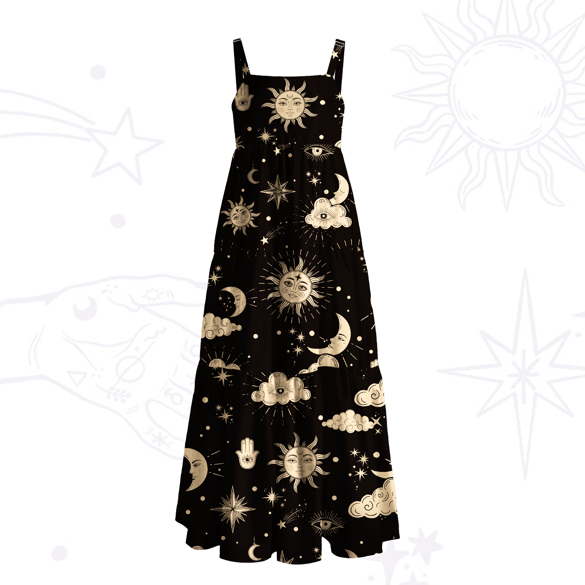 Purplehecate Sun Moon Stars Oracle Wide Straps Maxi Dress