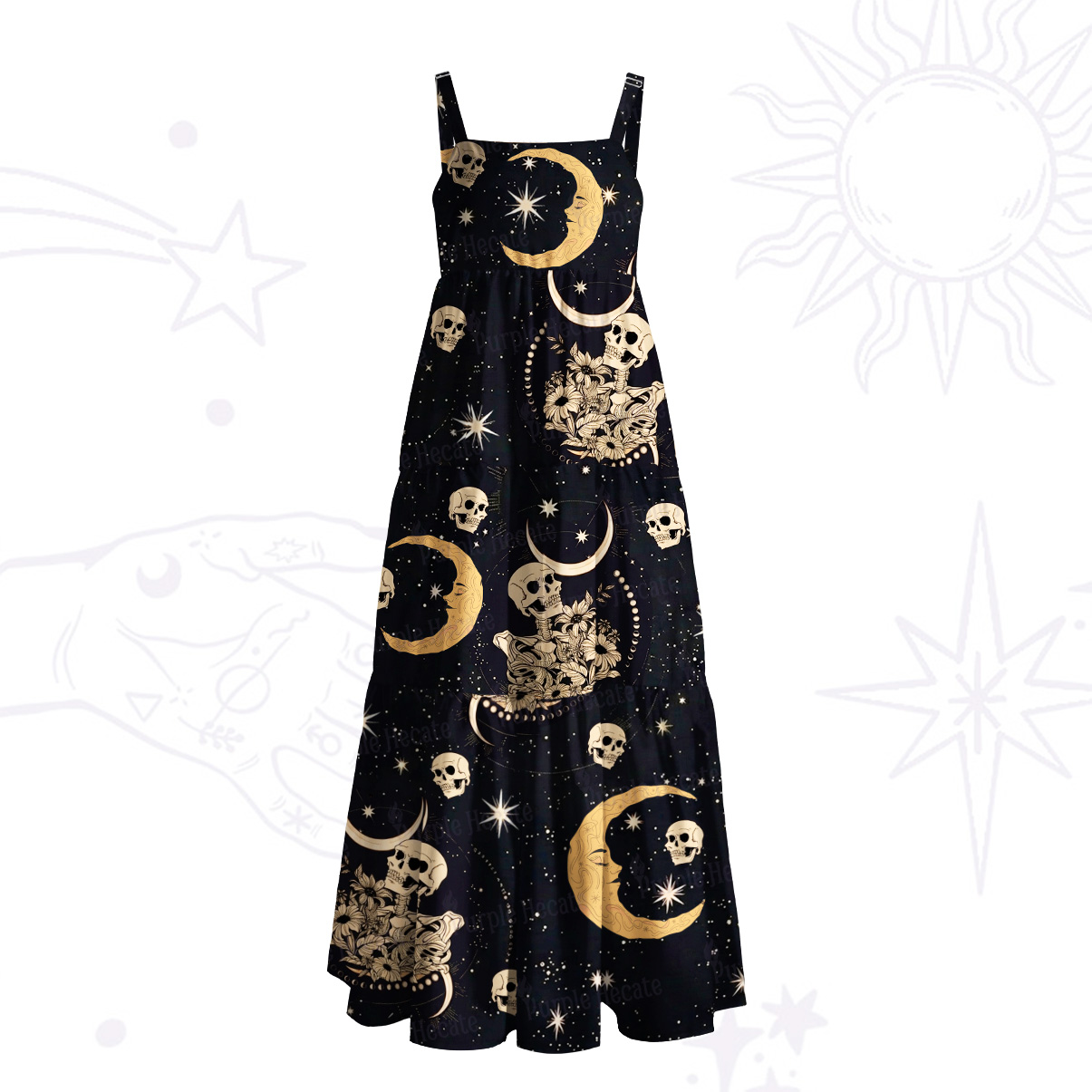 Purplehecate Mystic Skull & Crescent Moon Wide Straps Maxi Dress