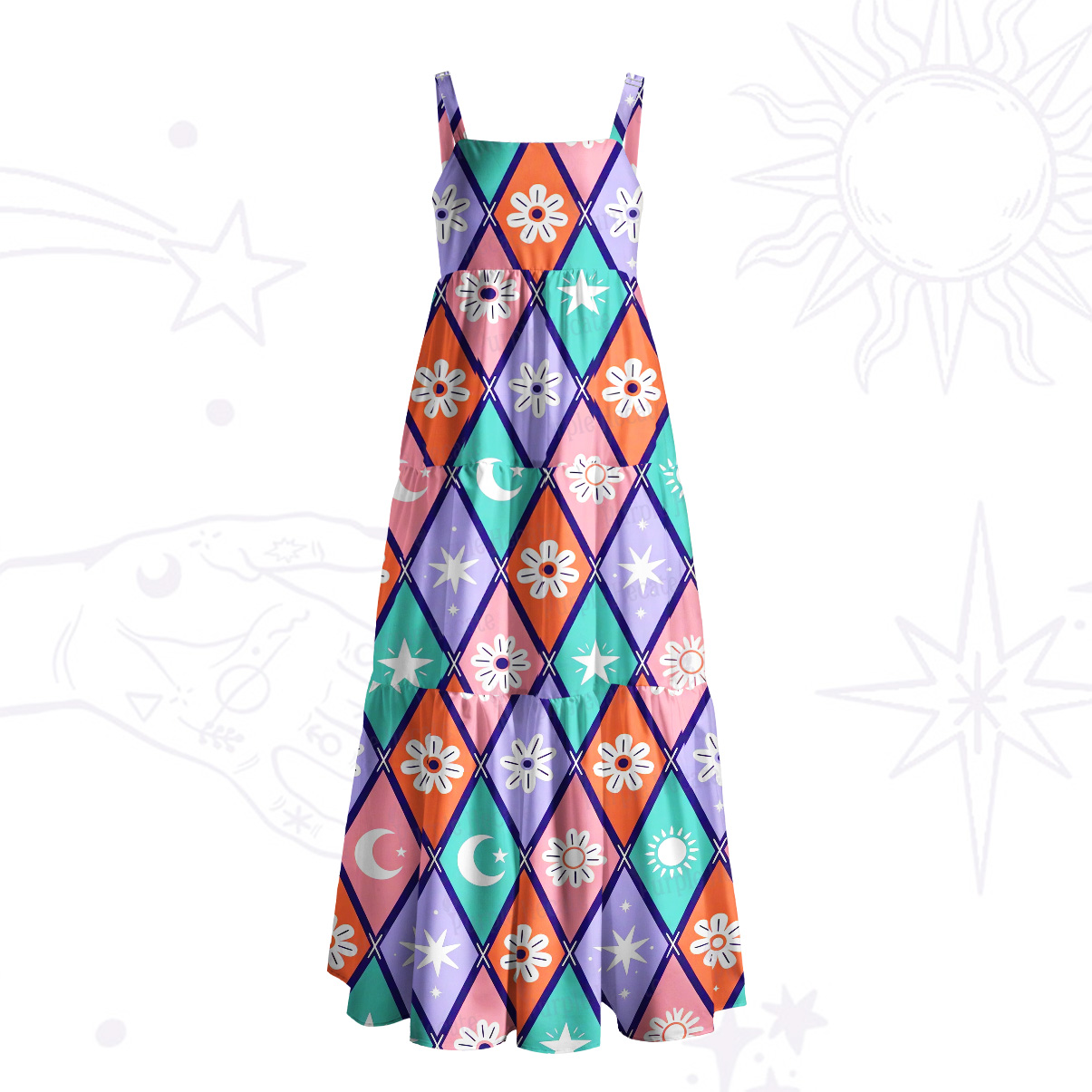Purplehecate Magic Harlequin Stars & Moon Wide Straps Maxi Dress