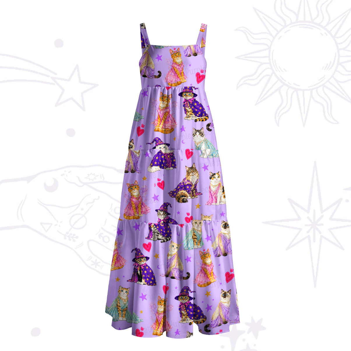 Purplehecate Enchanted Sorcerer Cats Wide Straps Maxi Dress