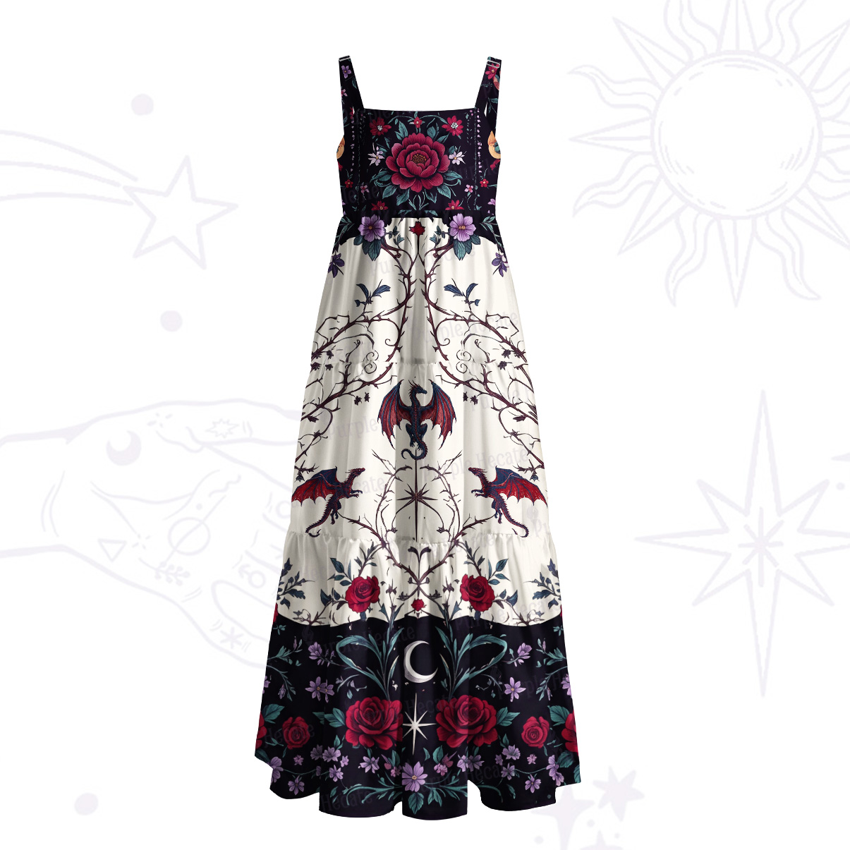 Purplehecate Dark Enchanted Dragon and Rose Floral Wide Straps Maxi Dress