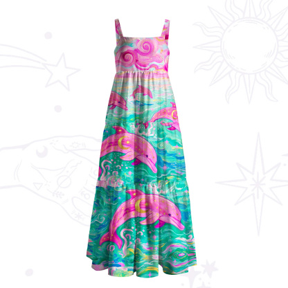 Purplehecate Ocean Kiss Pink Dolphins Wide Straps Maxi Dress