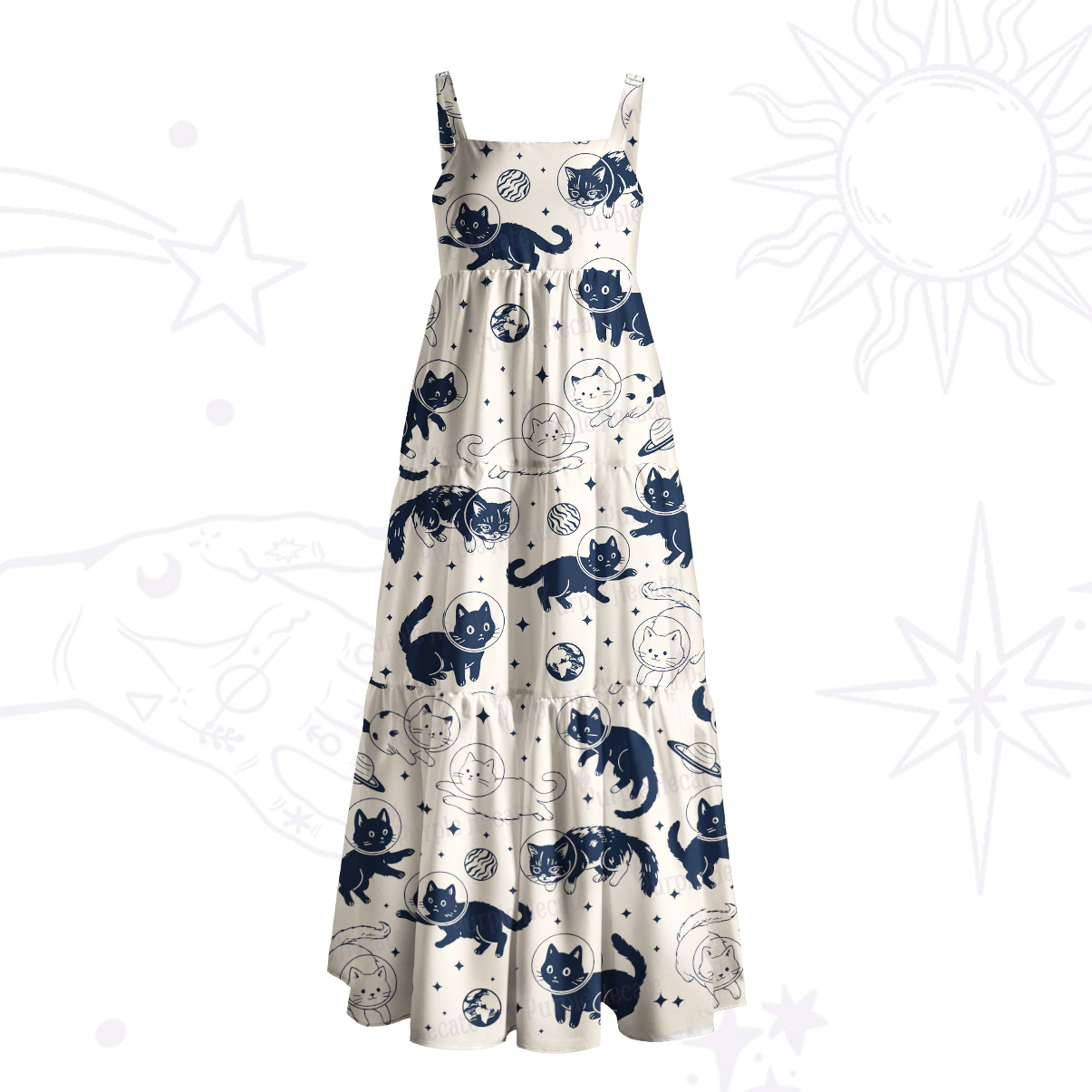 Purplehecate Cats in Space Wide Straps Maxi Dress