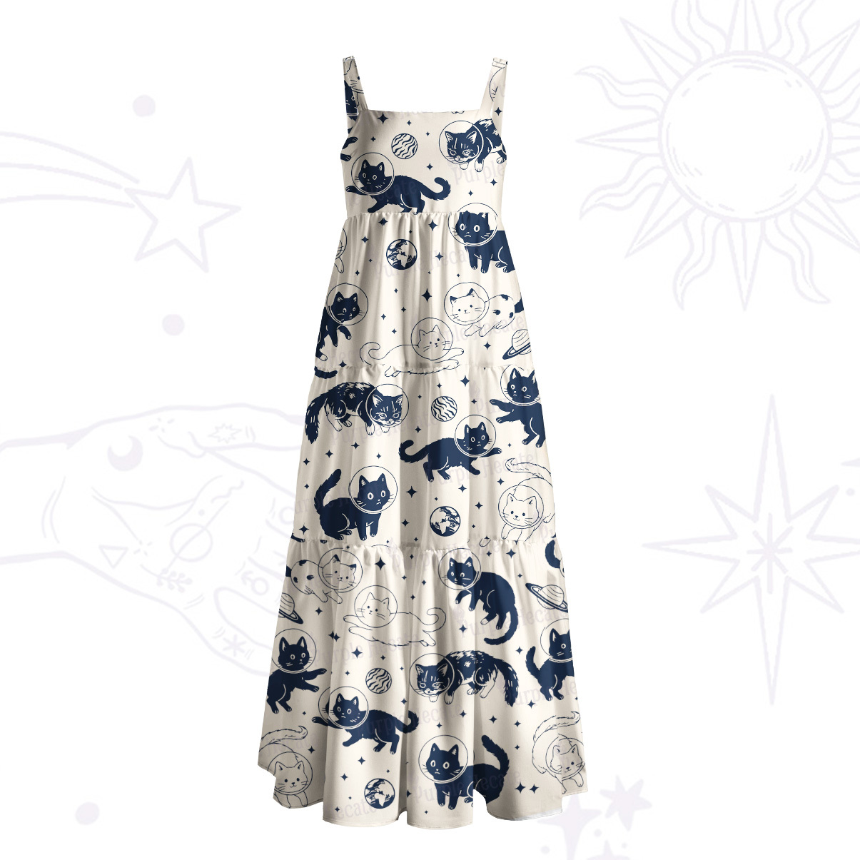 Purplehecate Cats in Space Wide Straps Maxi Dress
