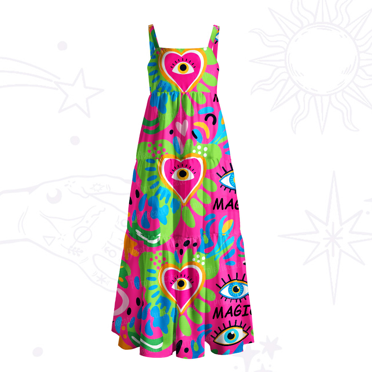 Purplehecate Psychedelic Heart-Eye Rainbow Wide Straps Maxi Dress