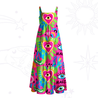 Purplehecate Psychedelic Heart-Eye Rainbow Wide Straps Maxi Dress