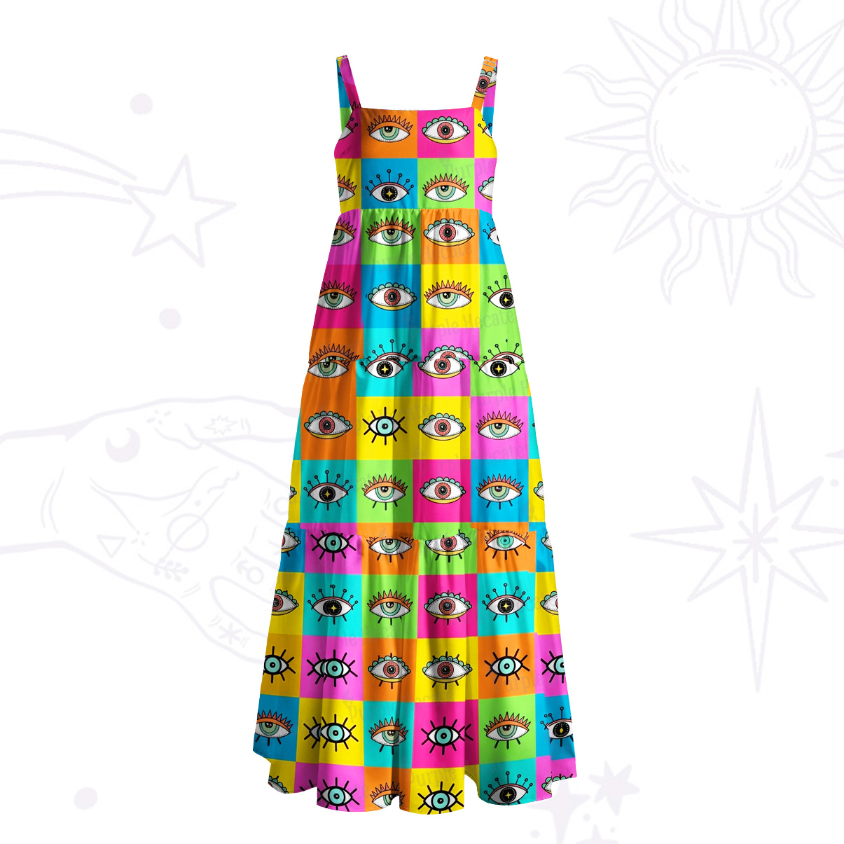Purplehecate Rainbow Mystic Eyes Patchwork Wide Straps Maxi Dress