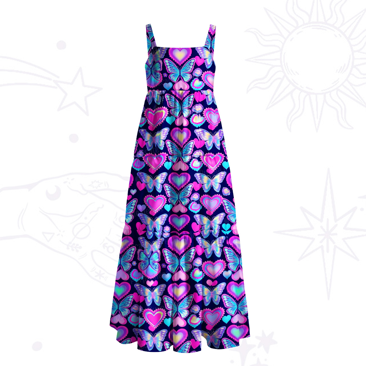 Purplehecate Midnight Neon Heart Butterfly Wide Straps Maxi Dress