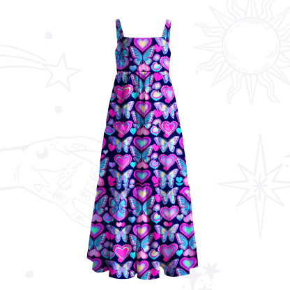 Purplehecate Midnight Neon Heart Butterfly Wide Straps Maxi Dress