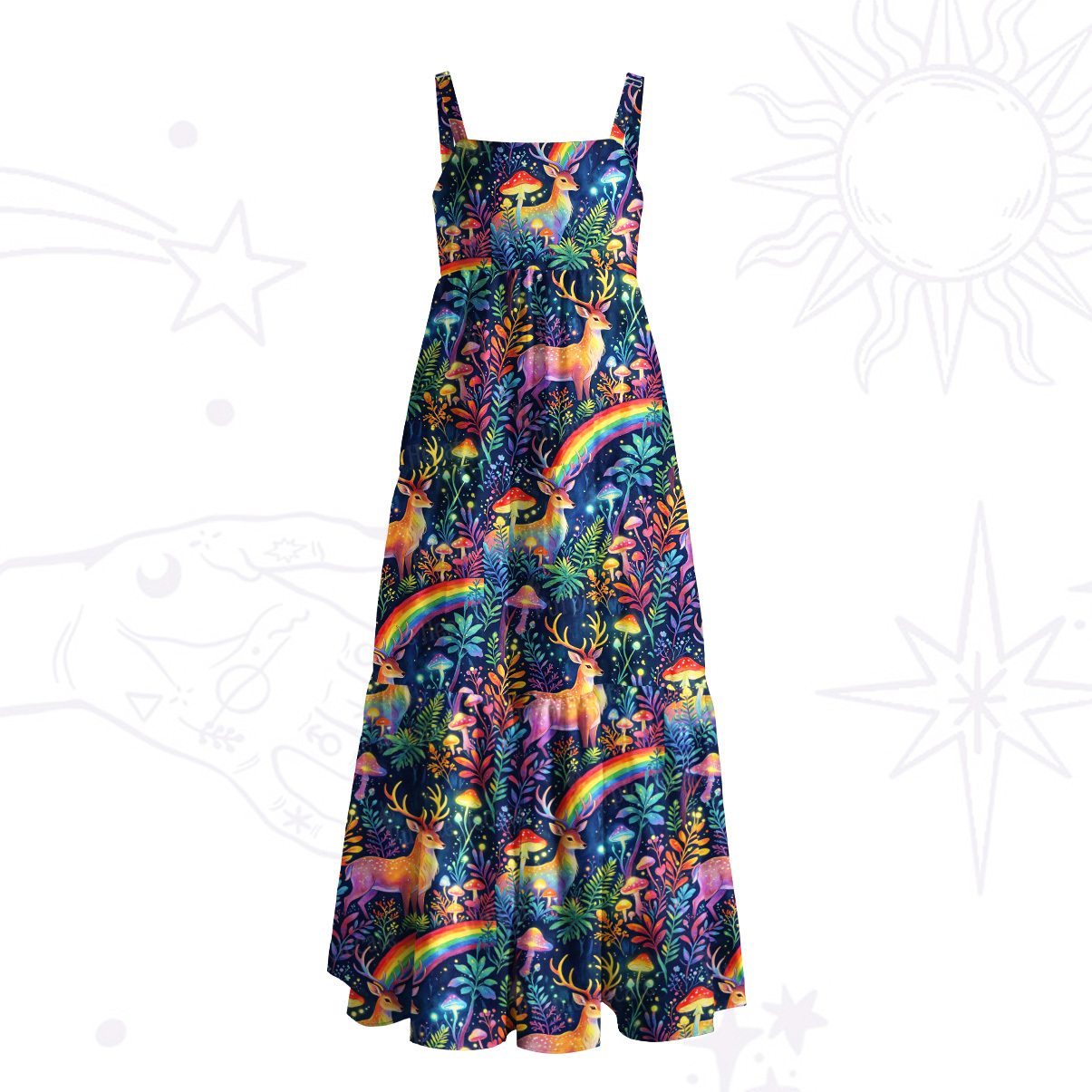 Purplehecate Enchanted Rainbow Forest Deer Wide Straps Maxi Dress