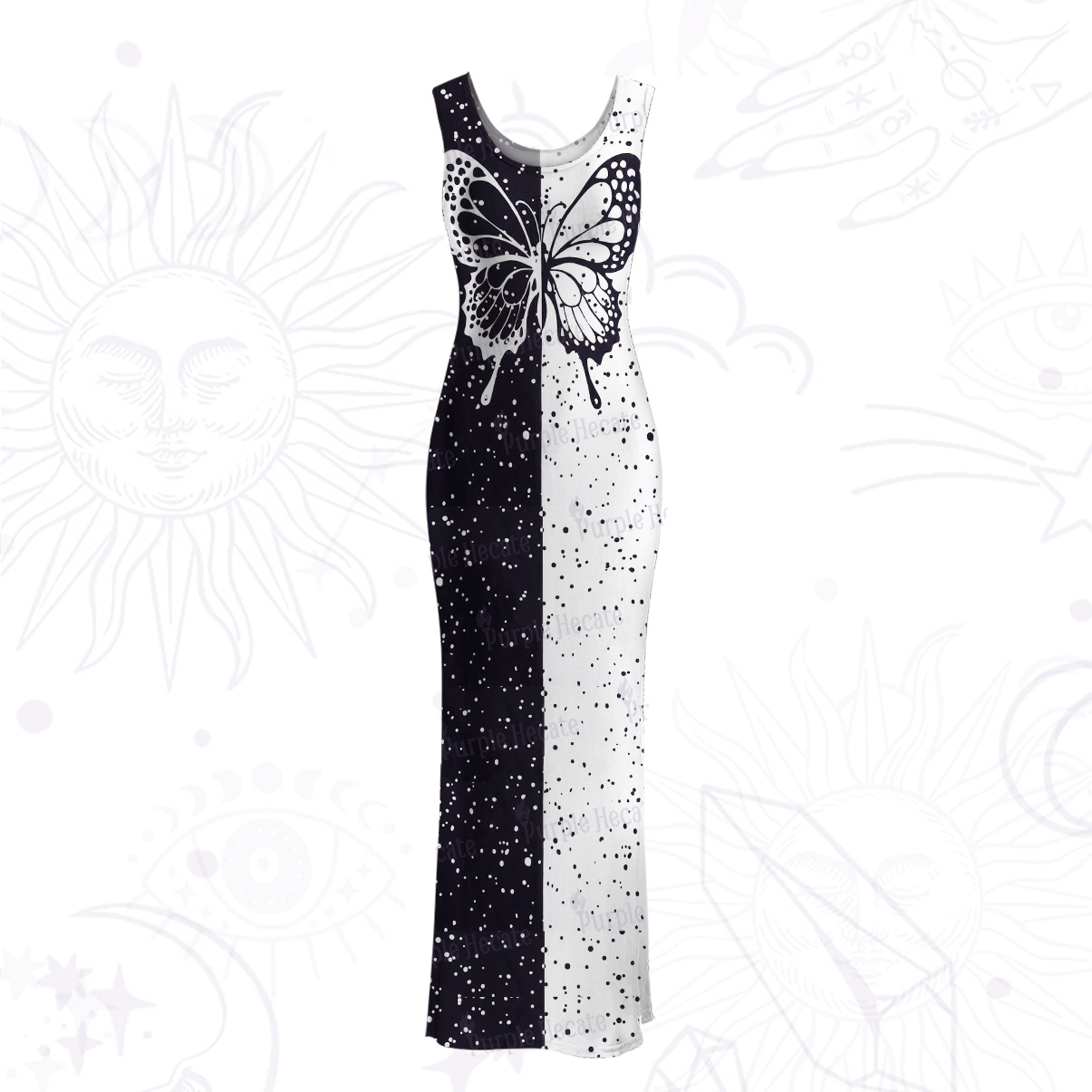 Purplehecate Black & White Eclipse Butterfly Mesh Maxi Tank Beach Dress