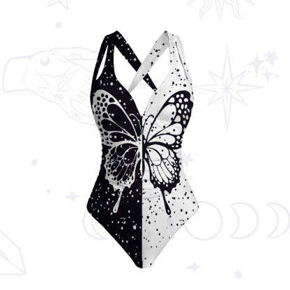 Purplehecate Black & White Eclipse Butterfly One-Piece Swimsuit