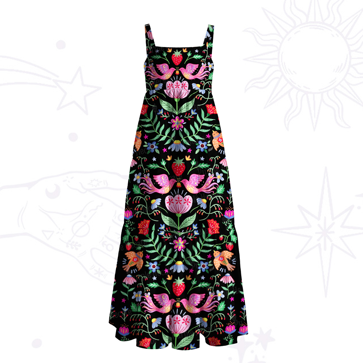 Purplehecate Mystic Forest Birds & Blooms Wide Straps Maxi Dress