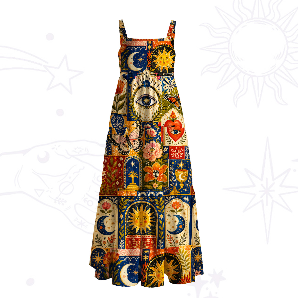 Purplehecate Sun Moon Oracle Patchwork Wide Straps Maxi Dress