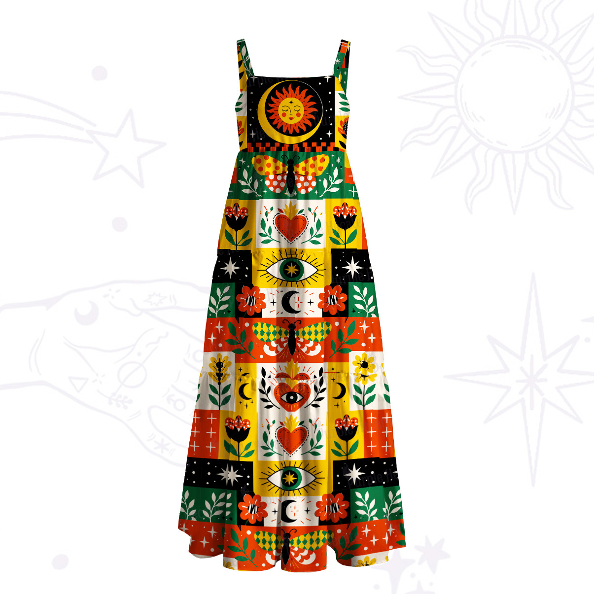 Purplehecate Oracle Eye & Moon Phases Wide Straps Maxi Dress
