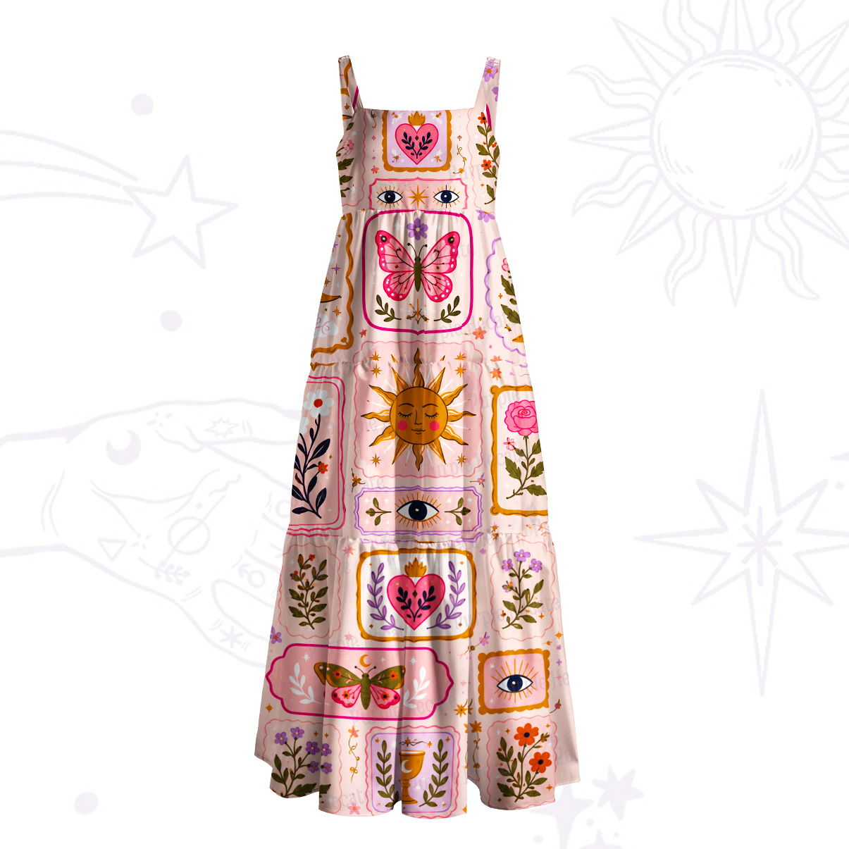 Purplehecate Sun Butterfly Patchwork Wide Straps Maxi Dress