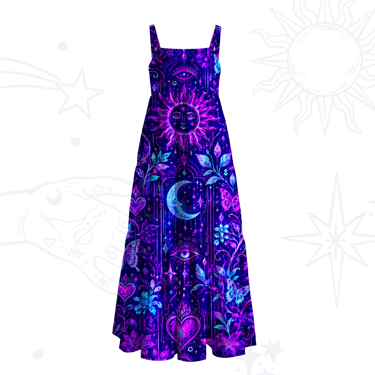 Purplehecate Psychedelic Sun Moon Vision Wide Straps Maxi Dress