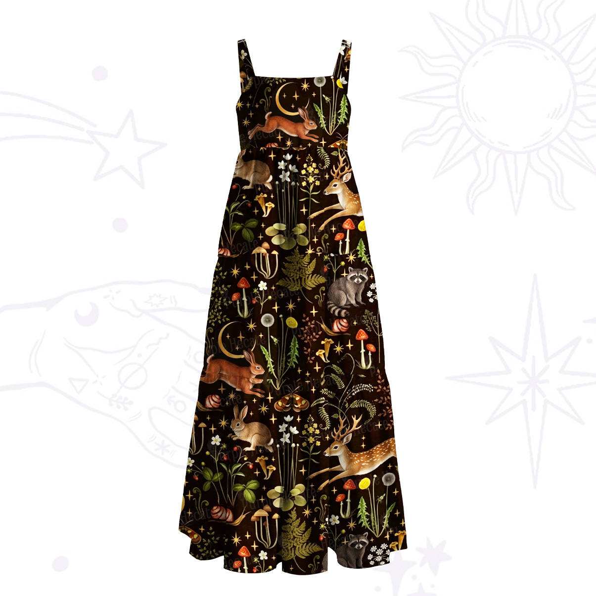Purplehecate Enchanted Forest Animals Wide Straps Maxi Dress