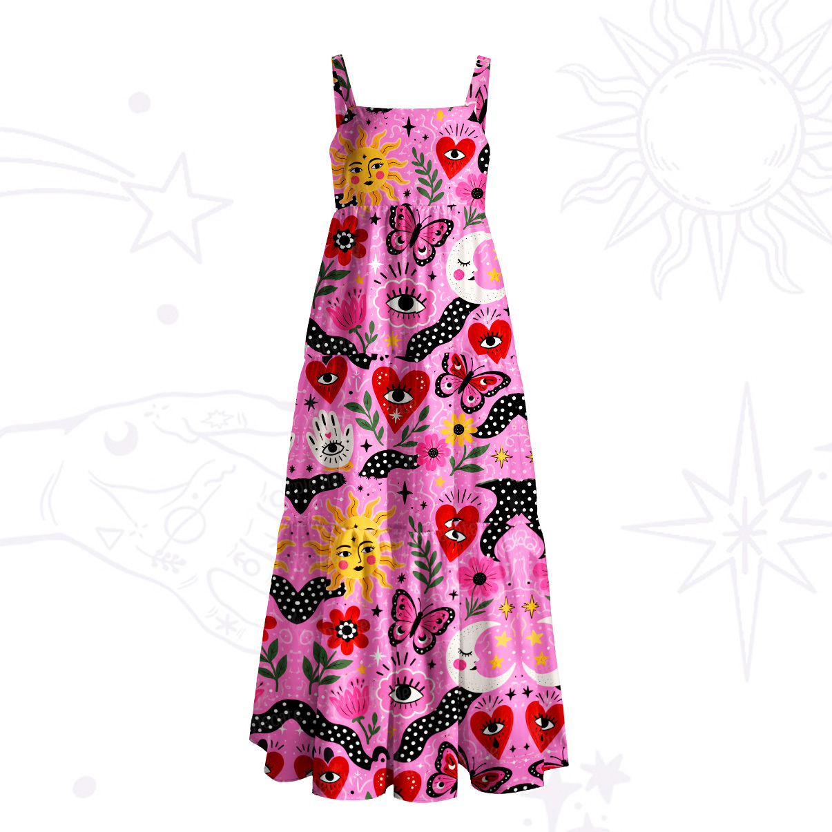 Purplehecate Surreal Eyes and Butterflies Print Wide Straps Maxi Dress