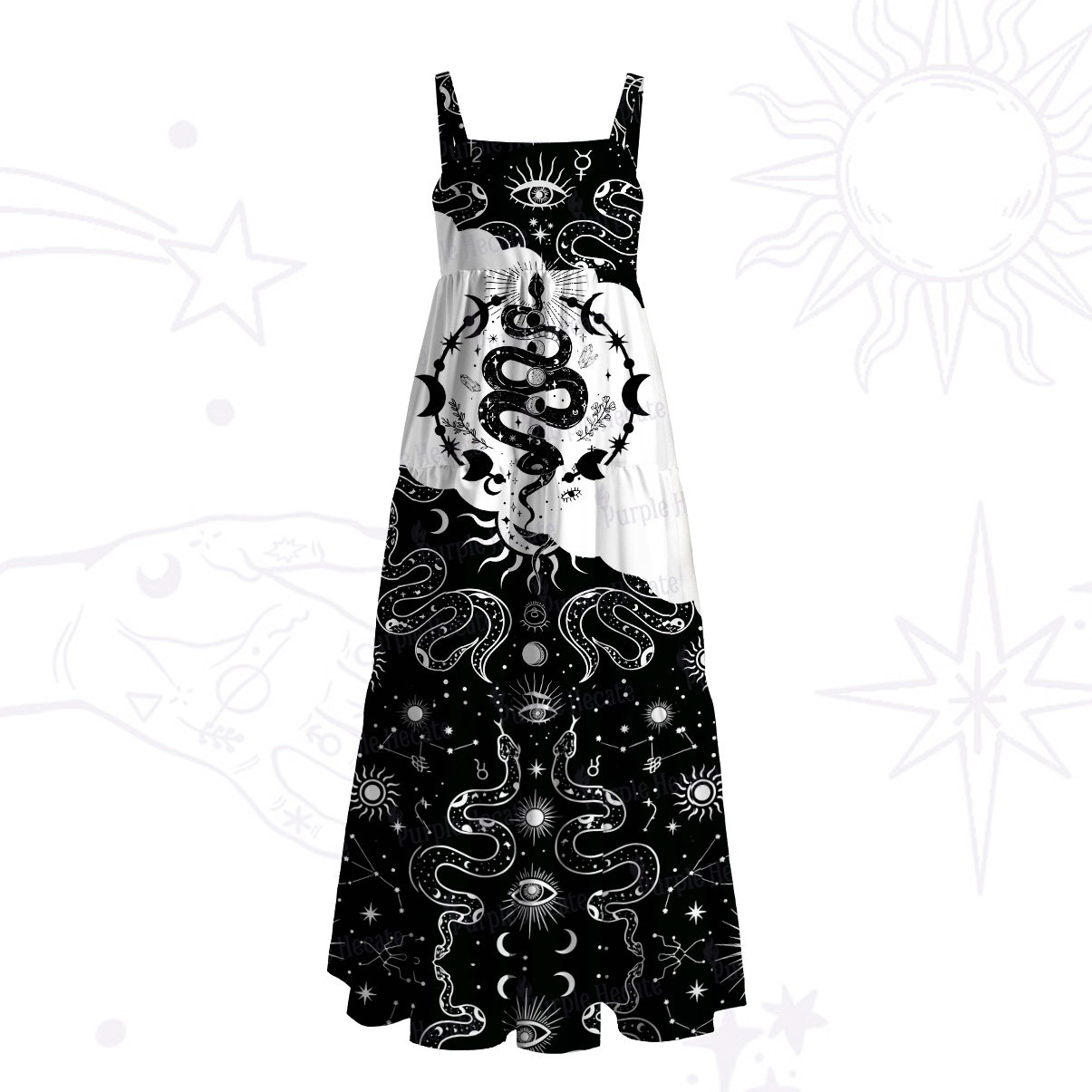 Purplehecate Snake And Moon Phase Comfort Wide Straps Maxi Dress
