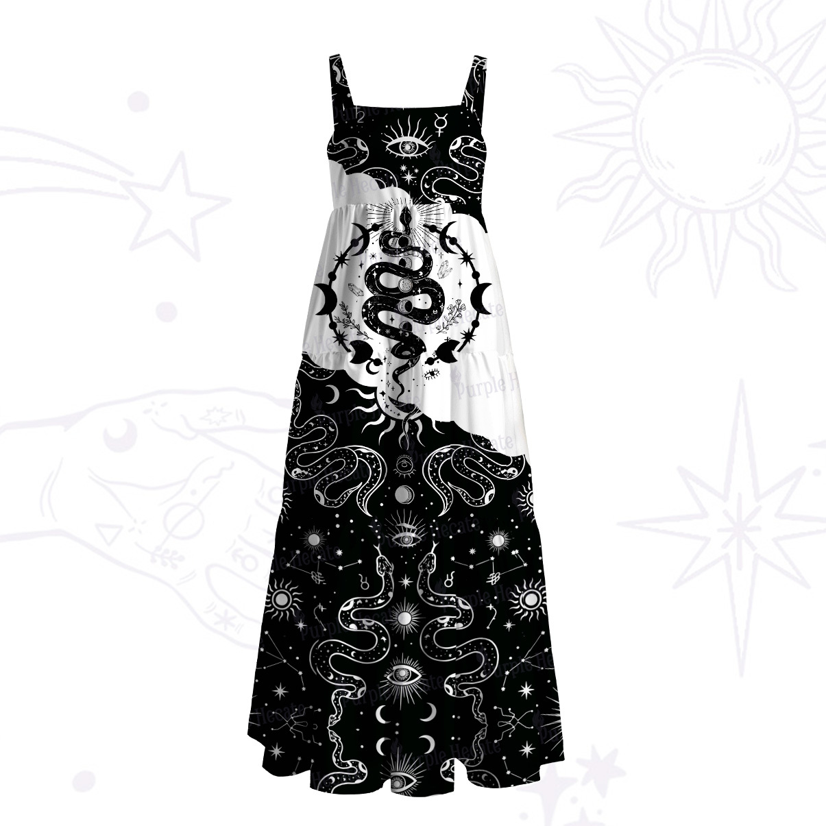 Purplehecate Snake And Moon Phase Comfort Wide Straps Maxi Dress
