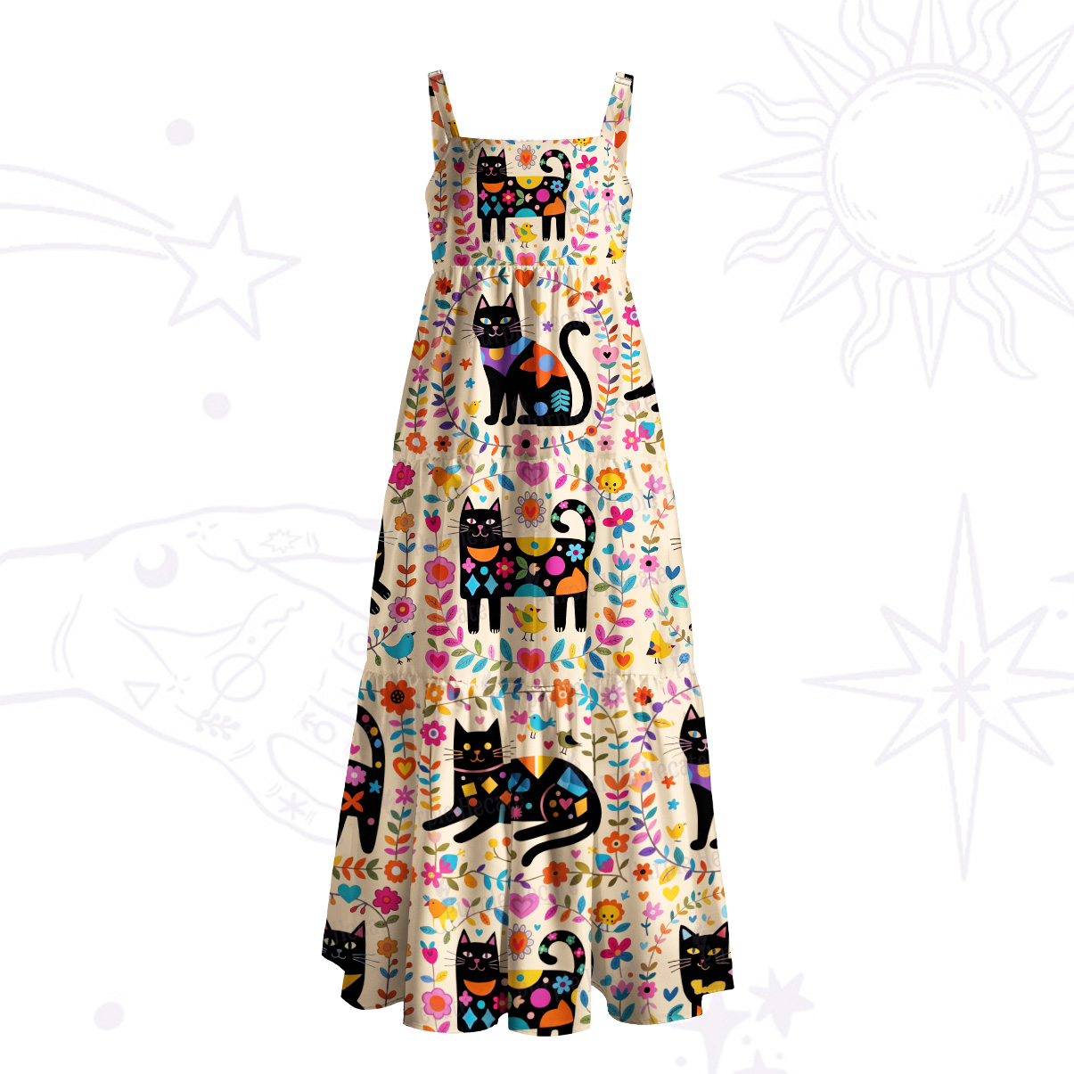 Purplehecate Cute Witchy Black Cat Wide Straps Maxi Dress