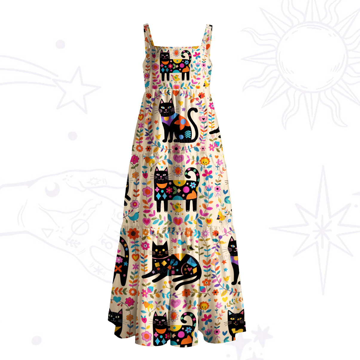 Purplehecate Cute Witchy Black Cat Wide Straps Maxi Dress