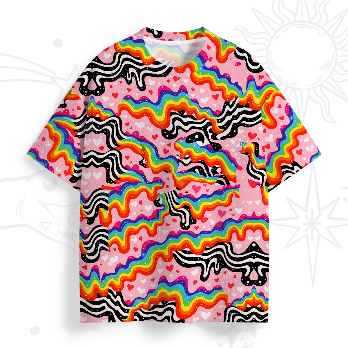 Purplehecate Groovy Melty Rainbow Hearts Wavy All Over Print T-Shirt