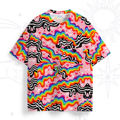 Purplehecate Groovy Melty Rainbow Hearts Wavy All Over Print T-Shirt