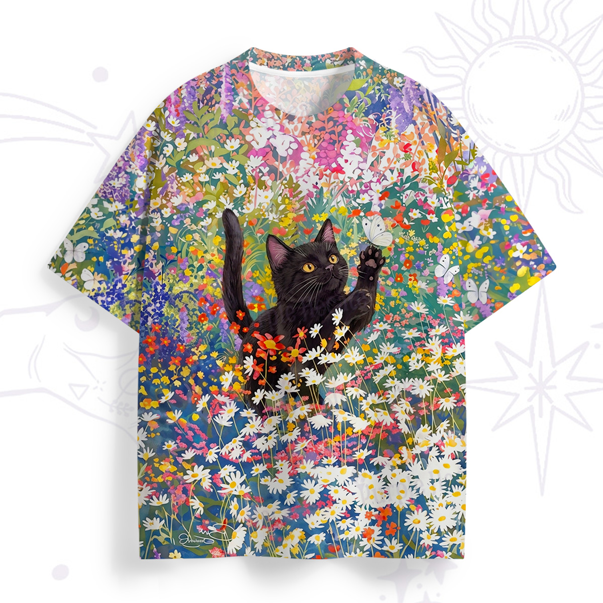 Purplehecate Black Cat in Wildflower Garden All Over Print T-Shirt