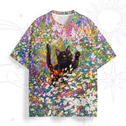 Purplehecate Black Cat in Wildflower Garden All Over Print T-Shirt