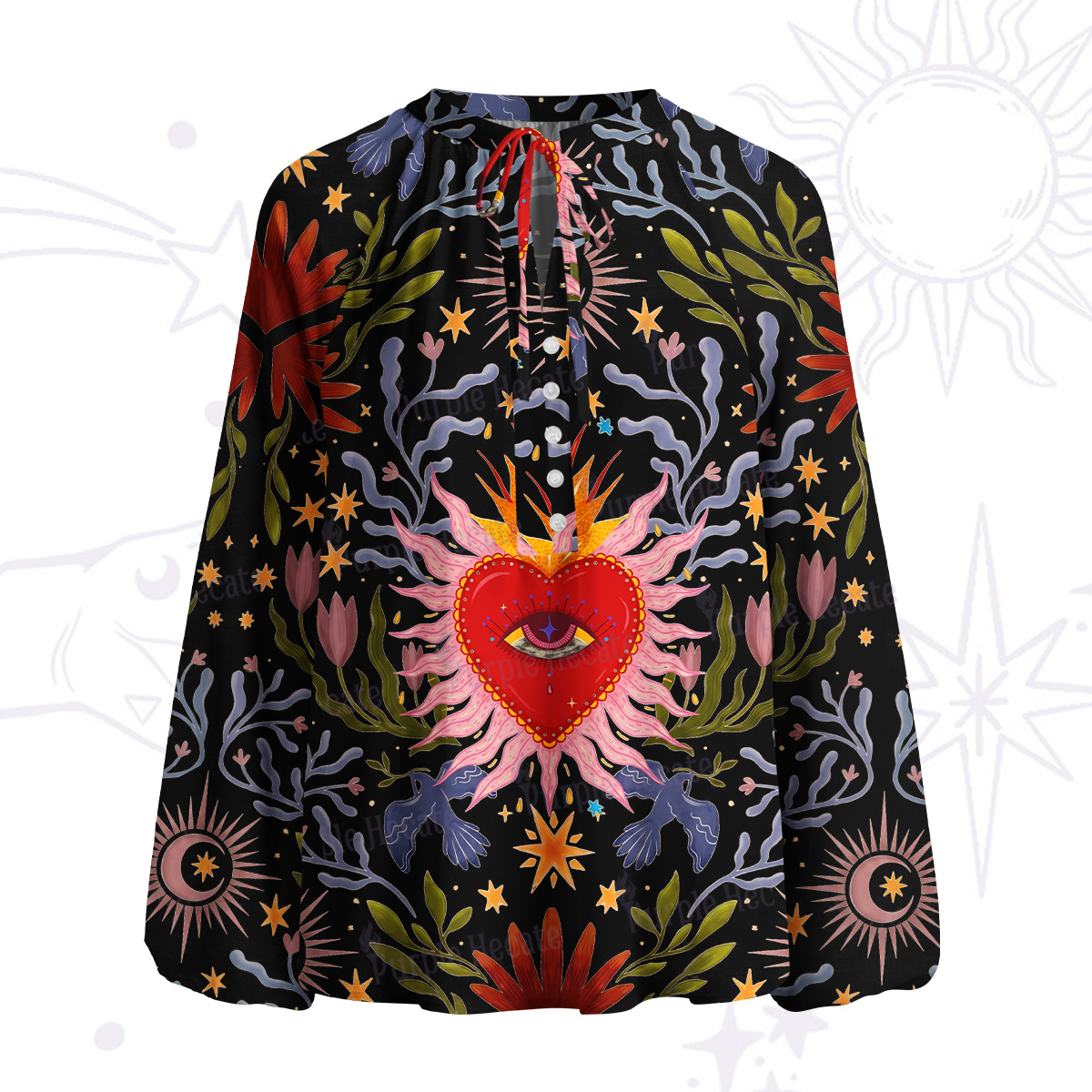 Purplehecate Sacred Flame Heart Split Neck Tie Blouse