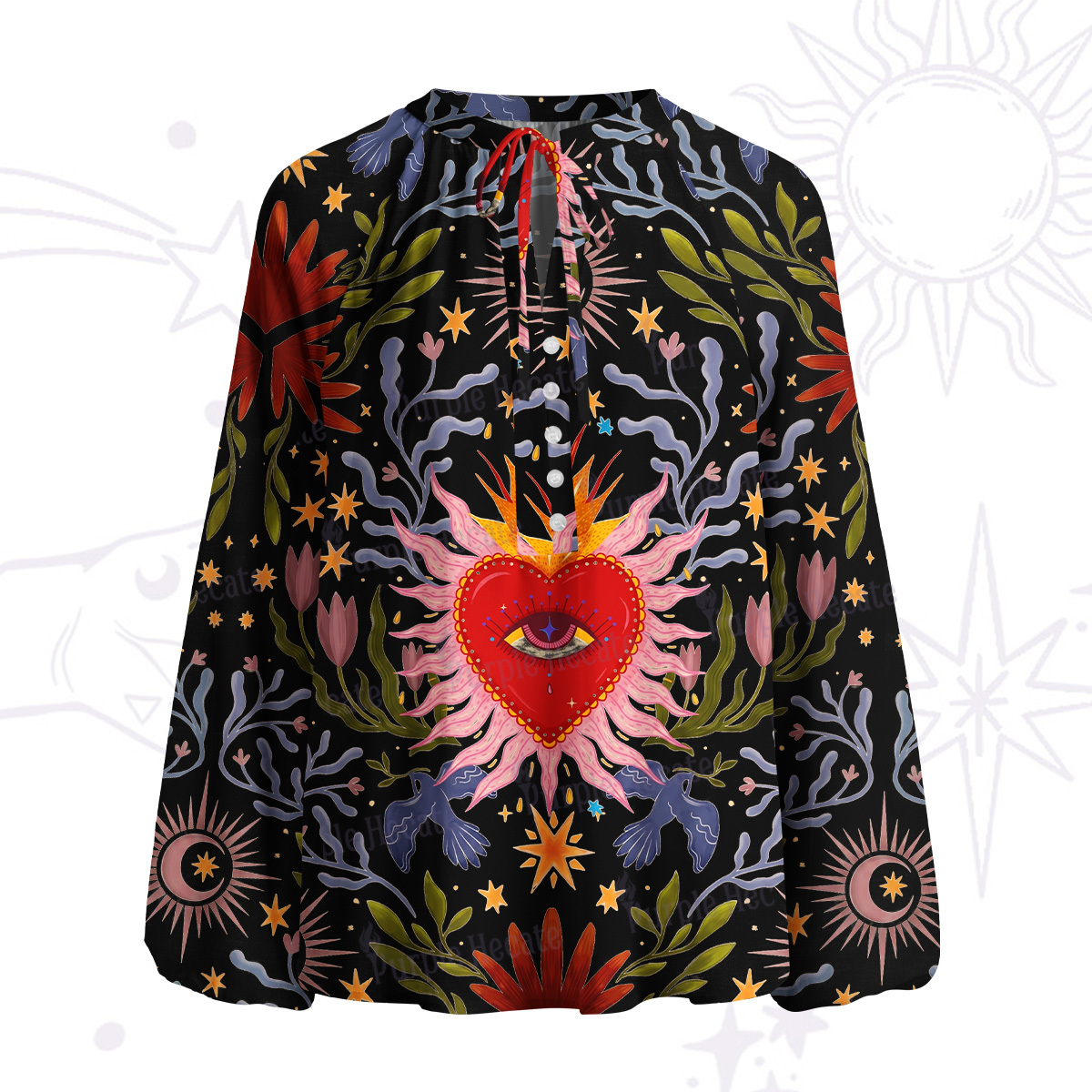 Purplehecate Sacred Flame Heart Split Neck Tie Blouse
