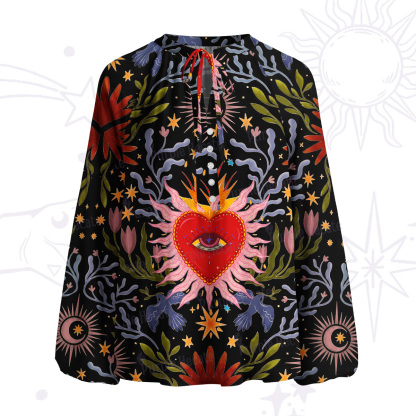 Purplehecate Sacred Flame Heart Split Neck Tie Blouse