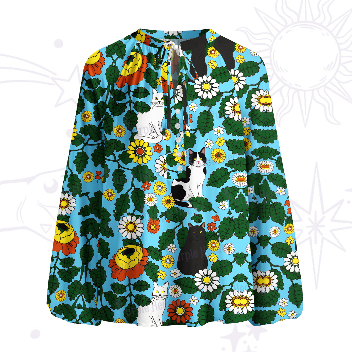 Purplehecate Daisy Cat  Garden Split Neck Tie Blouse
